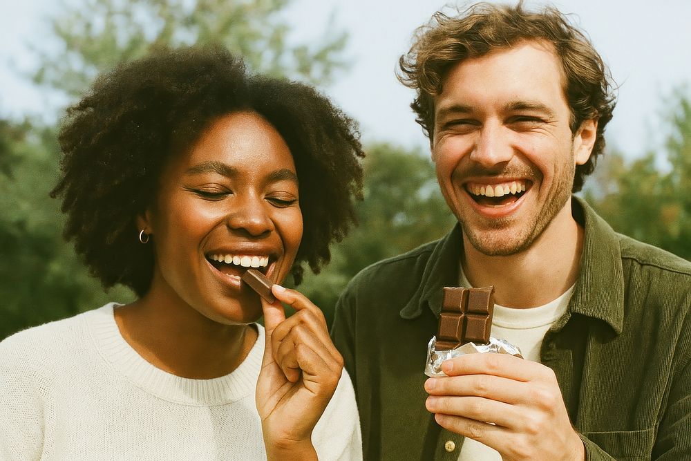 Happy person enjoying psychedelic chocolate outdoors nature