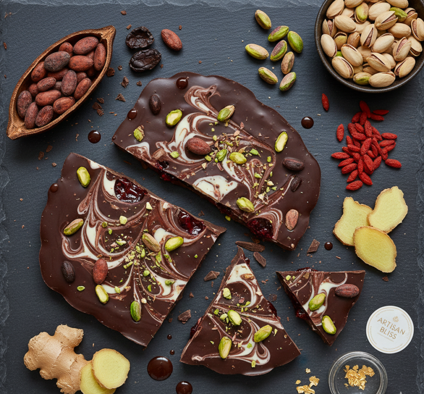artisan fusion chocolate bar with natural ingredients flat lay